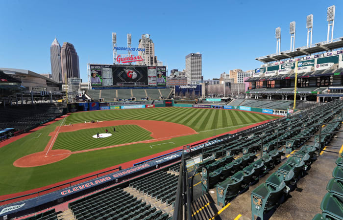Members of the Cleveland Guardians take care of the field during the week before their 2023 home opener at Progressive Field, Thursday, March 30, 2023, in Cleveland, Ohio.